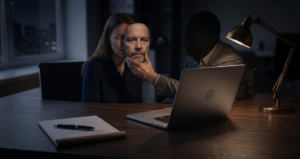 Deepfake-crypto-oplichting: nep-video van een bekend persoon op een laptopscherm