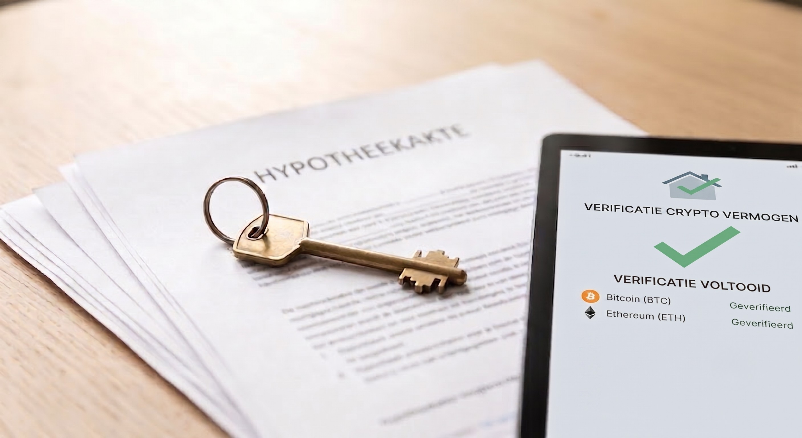 Mortgage application form beside a crypto portfolio overview on a desk