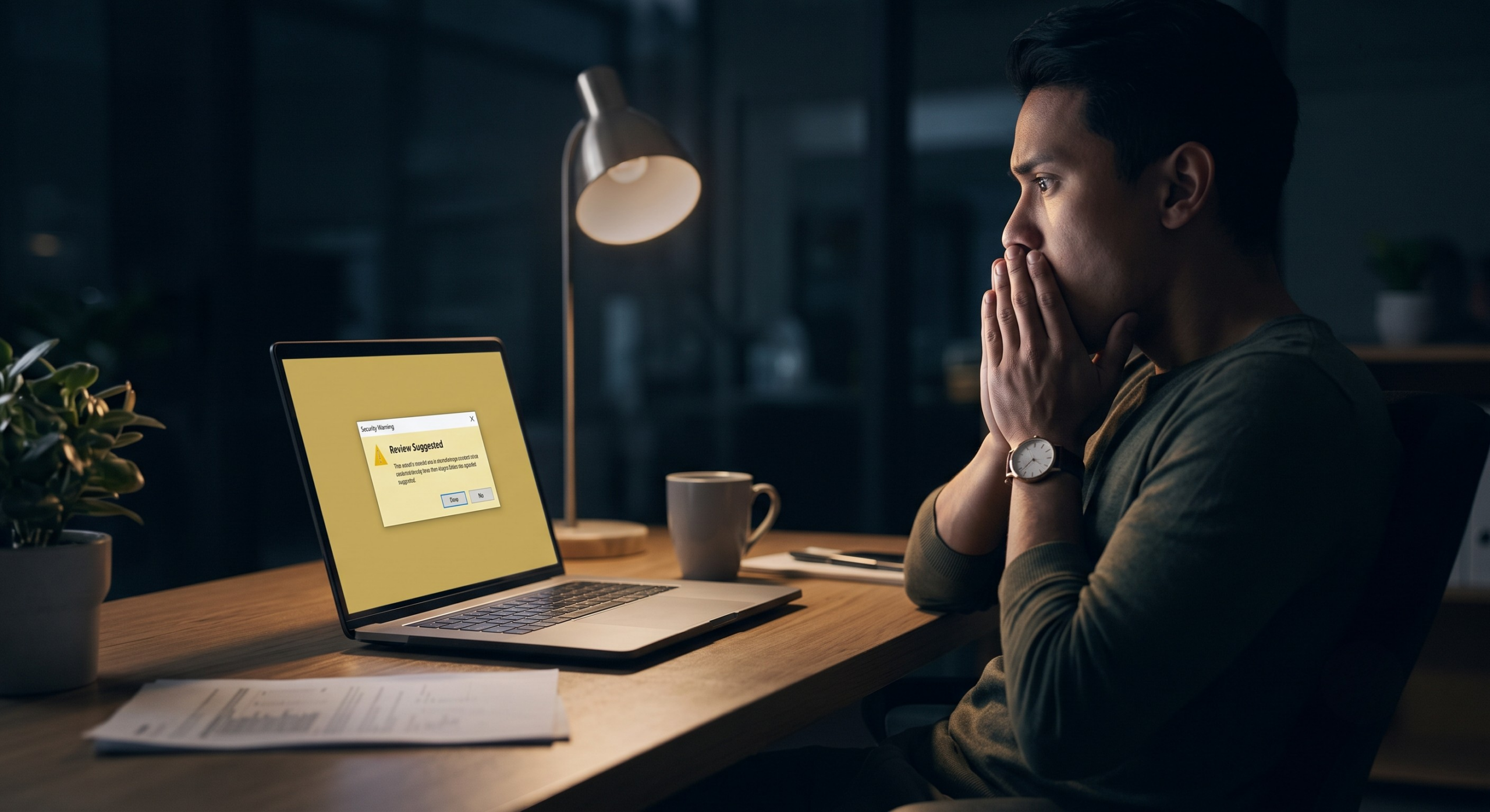 Laptop mit Phishing-Seite und Hardware-Wallet auf dem Schreibtisch