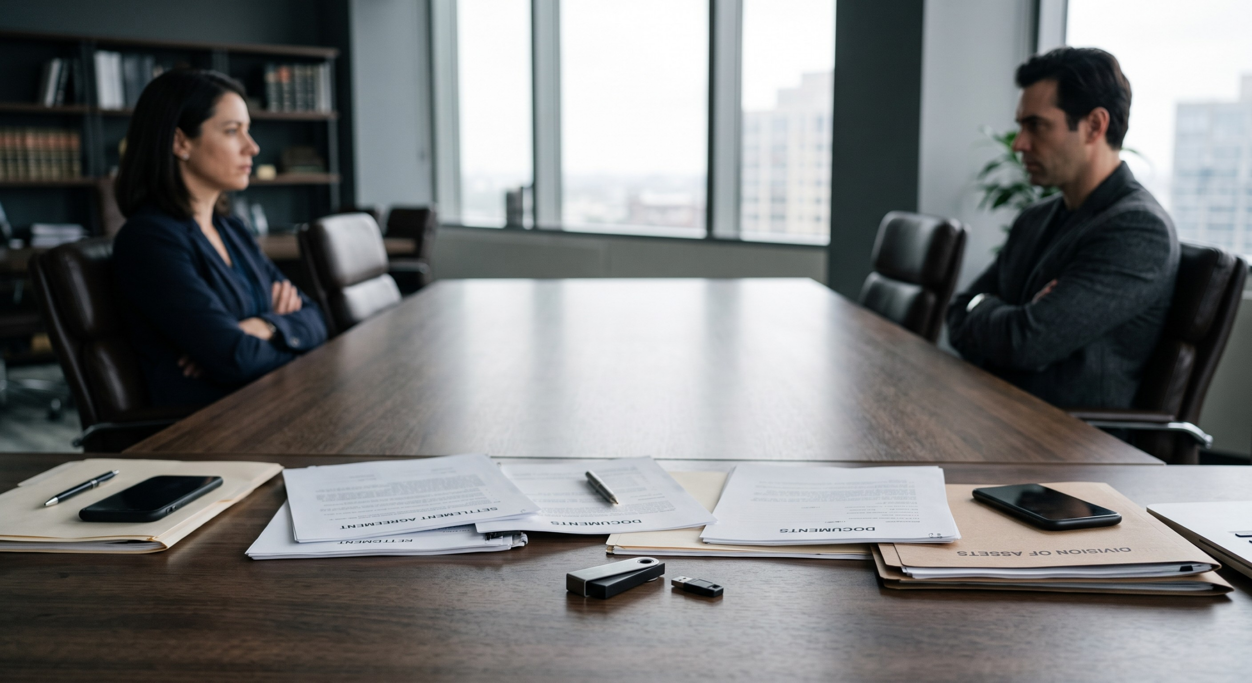 Divorce file and a wallet overview showing crypto in a divorce