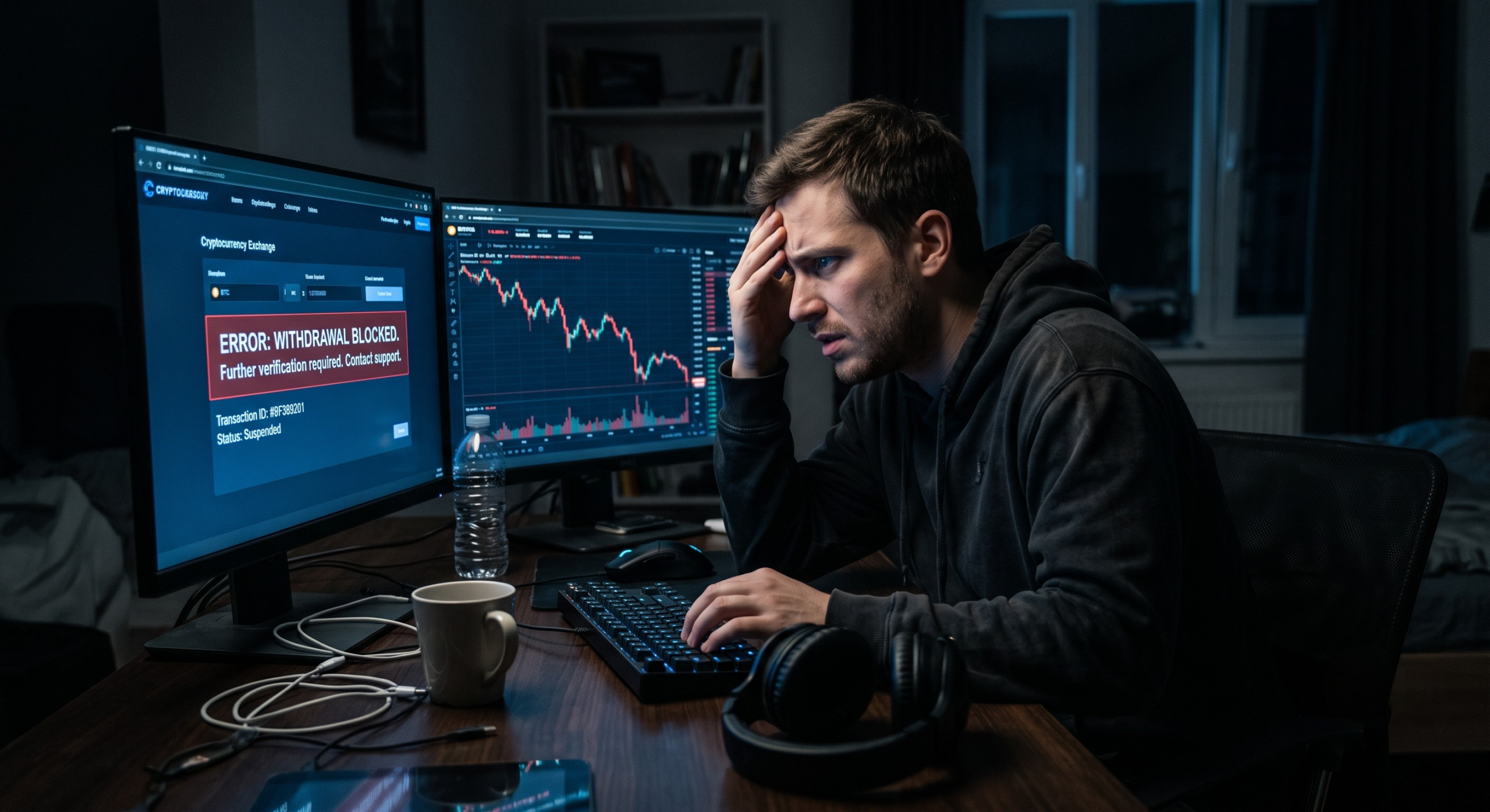 Screen showing an exchange that refuses payout next to printed statements