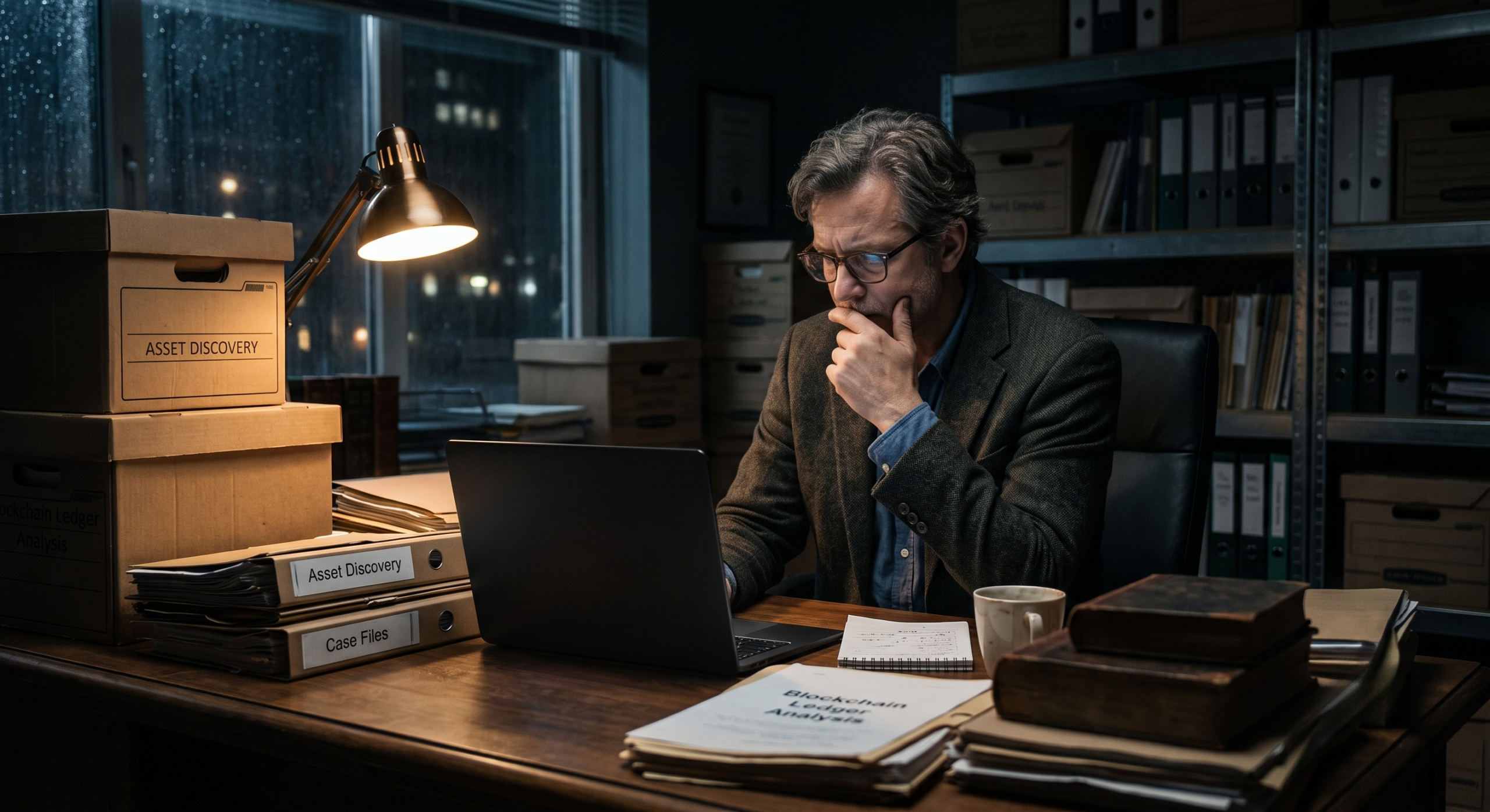 Bankruptcy file and a wallet overview on a desk showing crypto in bankruptcy