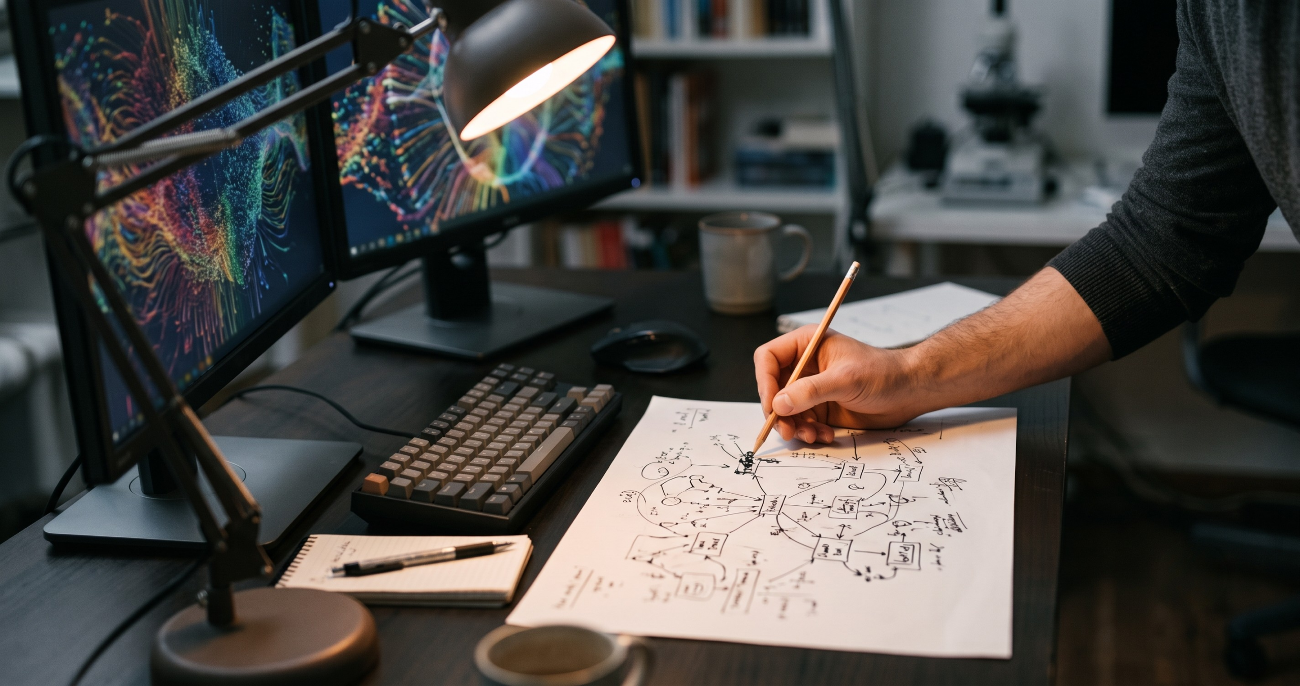 Werkplek met monitoren en een handgeschreven schema, symbool voor blockchainonderzoek en nazorg