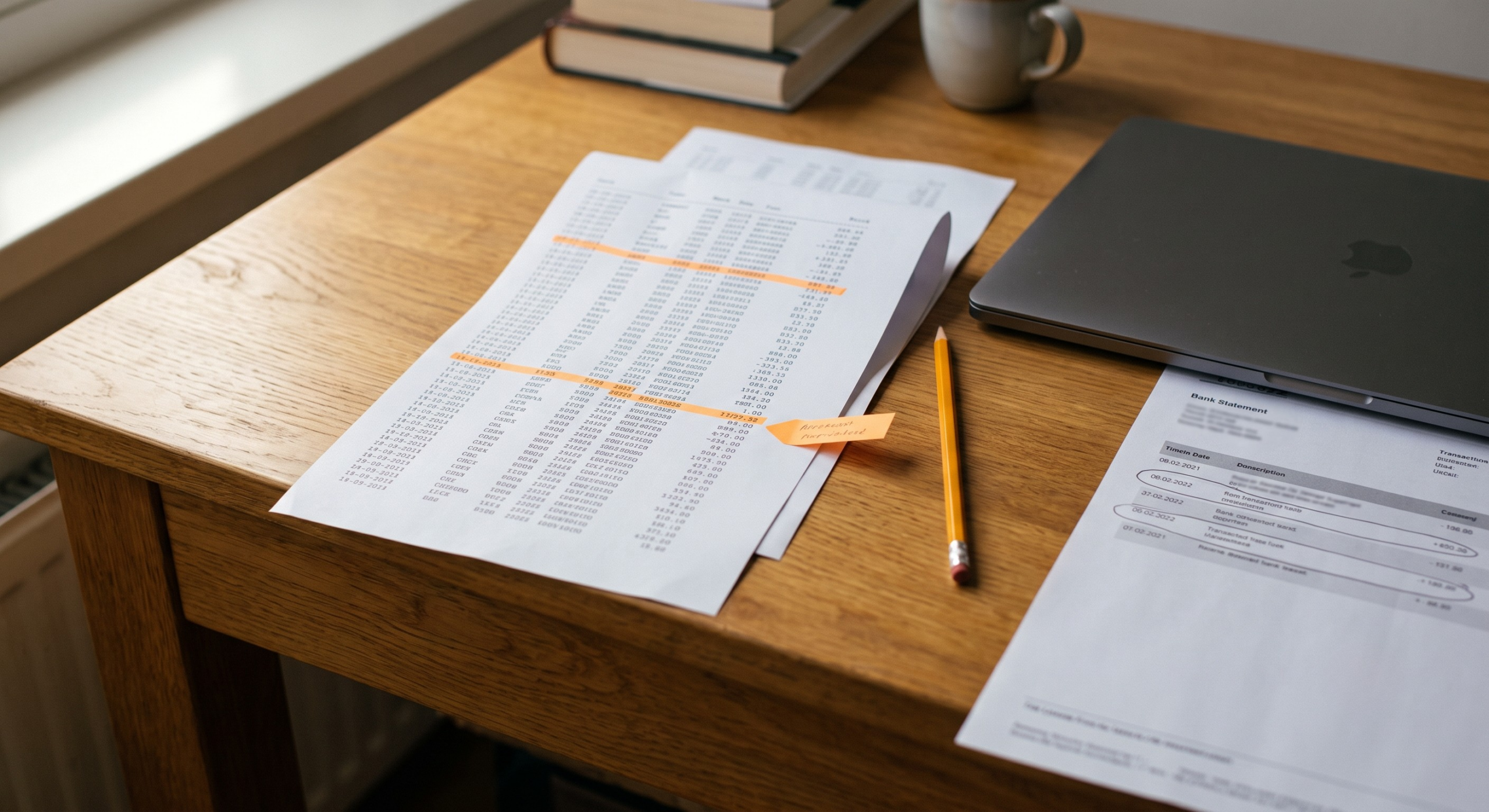 Investigation into stolen bitcoin: printed transaction list with markings on a desk