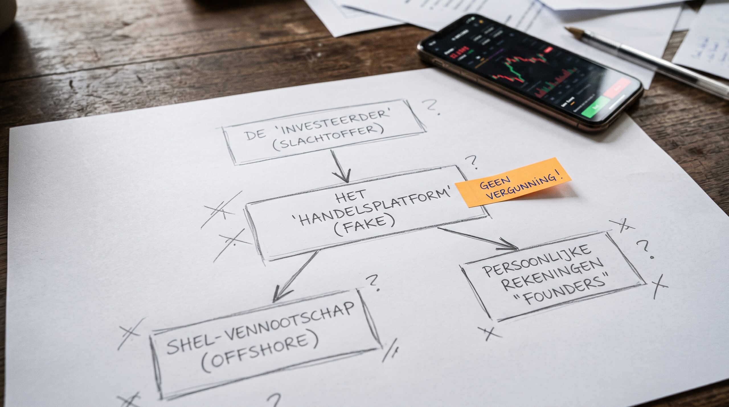 Diagram of a crypto investment scam with a fake platform, shell company and founder accounts
