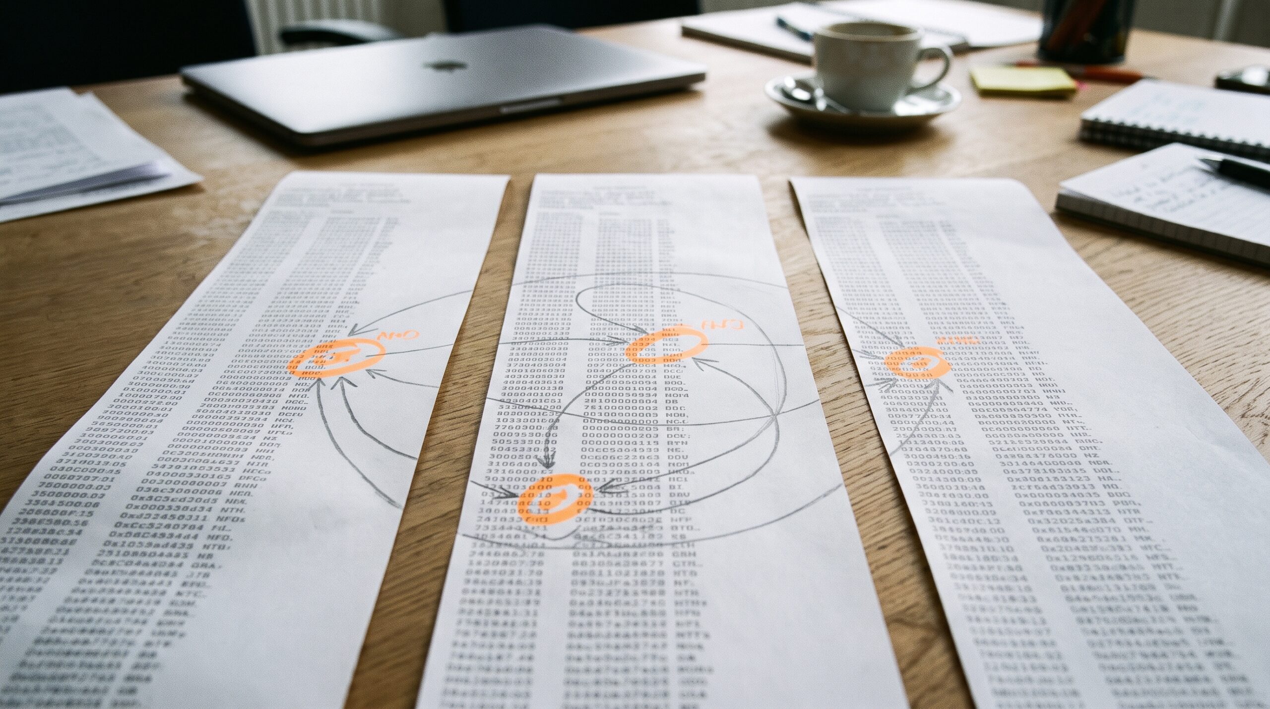 Three transaction printouts marking the route of the USDC fraud across three networks