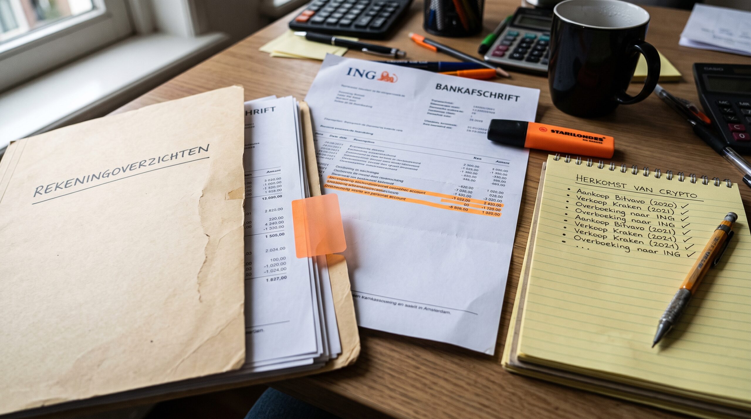 Bank statement and notepad showing the origin of crypto per transaction