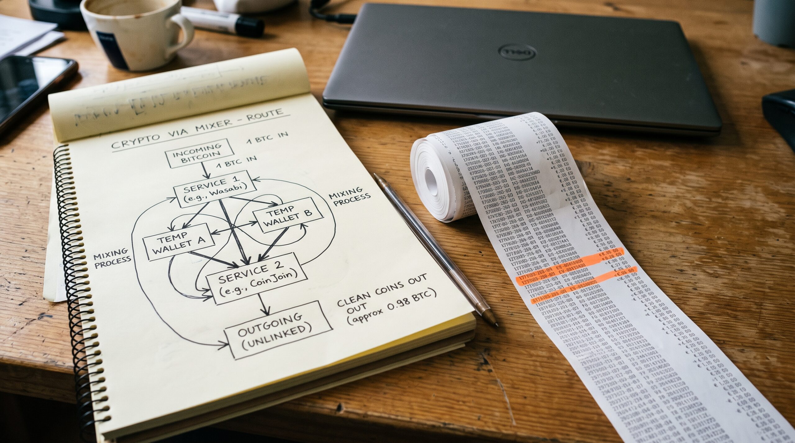 Hand drawn diagram of crypto through a mixer with temporary wallets and a transaction printout