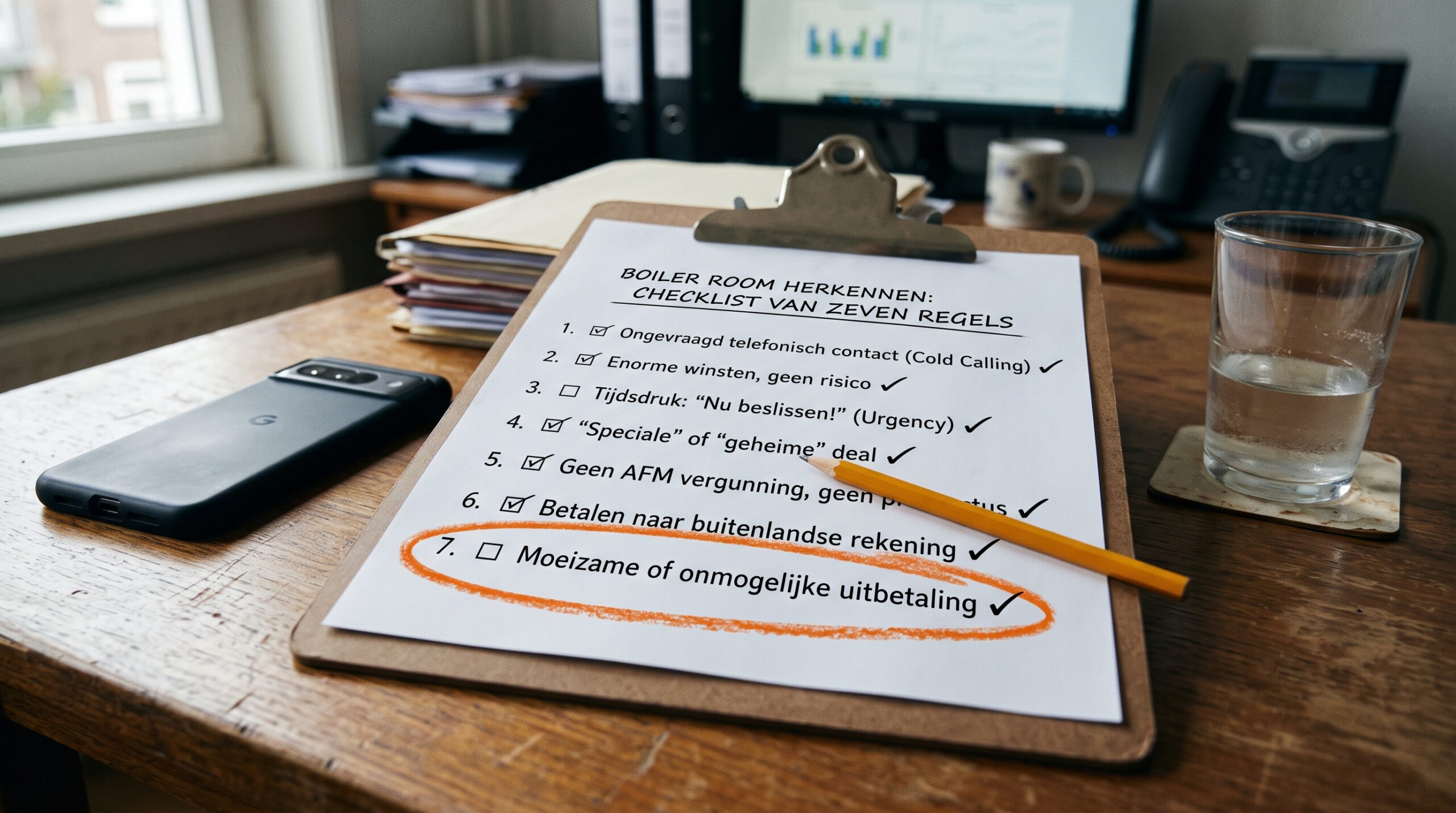 Clipboard with a boiler room checklist and seven warning signs ticked off on a desk