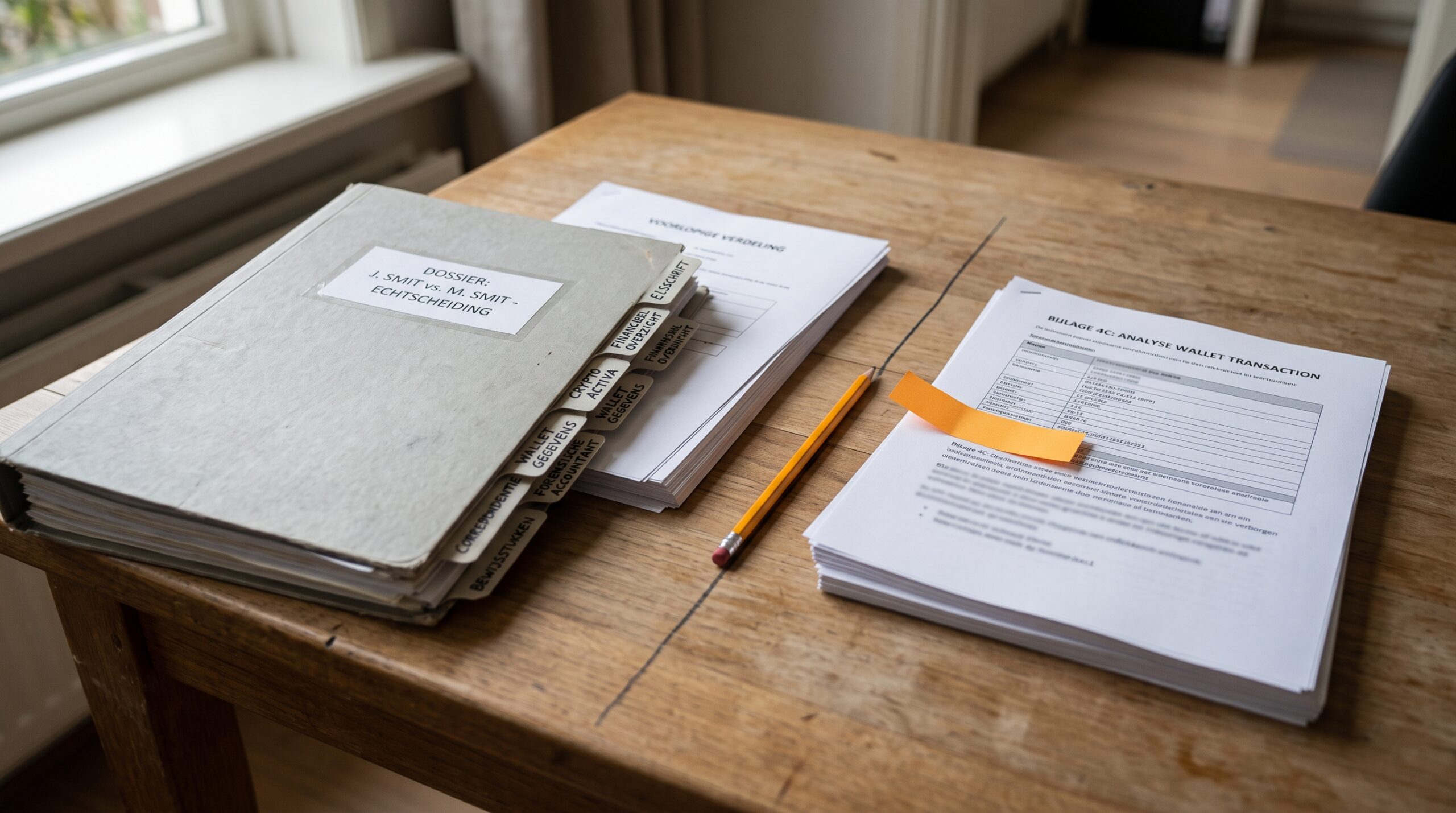 Divorce file with tabs and a wallet analysis that brings hidden crypto to light