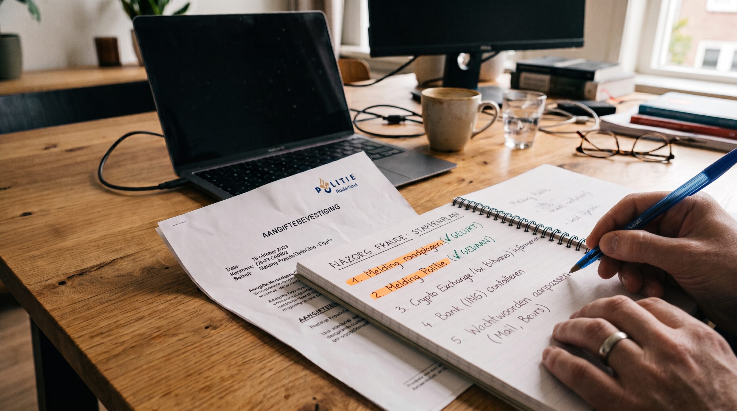 Police report confirmation and a handwritten plan of the steps after reporting crypto fraud
