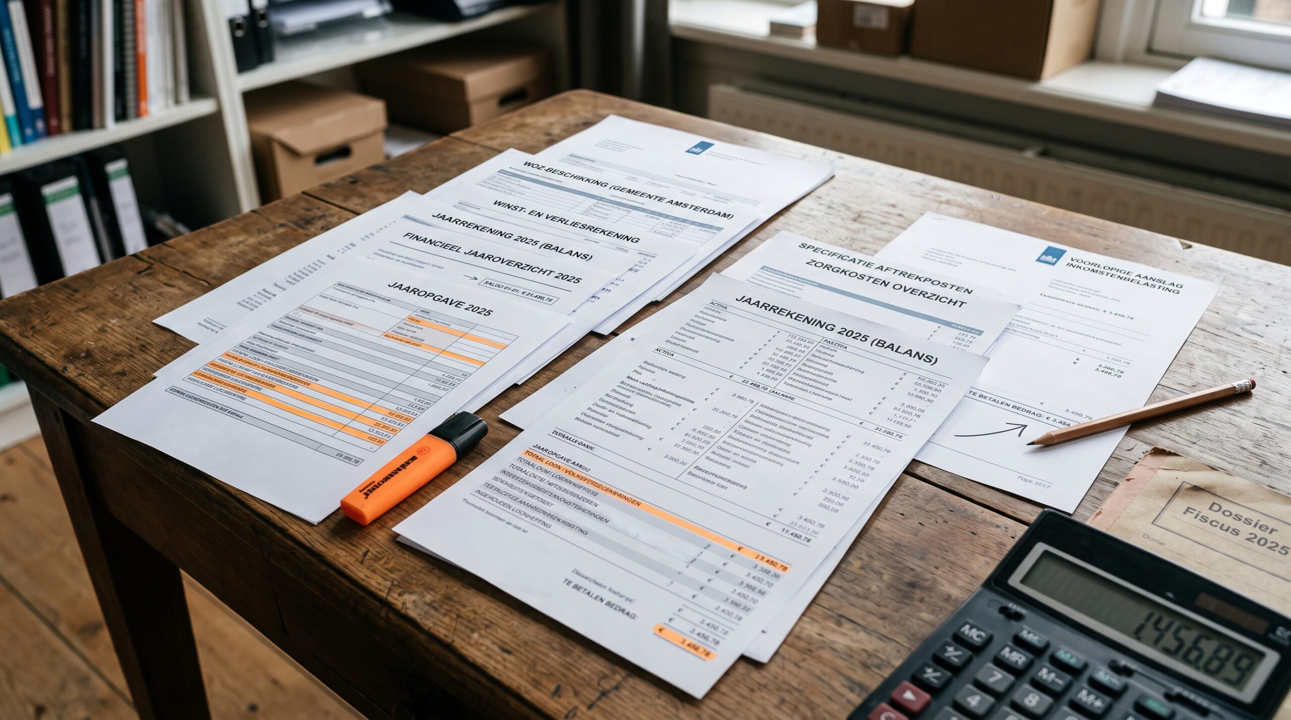 Annual accounts and tax forms spread out on a table as a crypto tax file with a calculator
