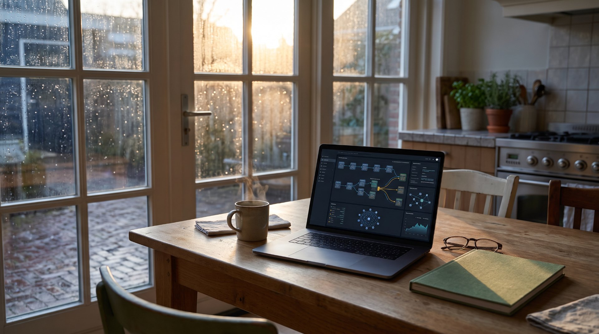 Gestolen crypto terugzien: zonnige keuken in de ochtend met een laptop die een keten van blokken en een transactiespoor toont, naast koffie en een groen rapport