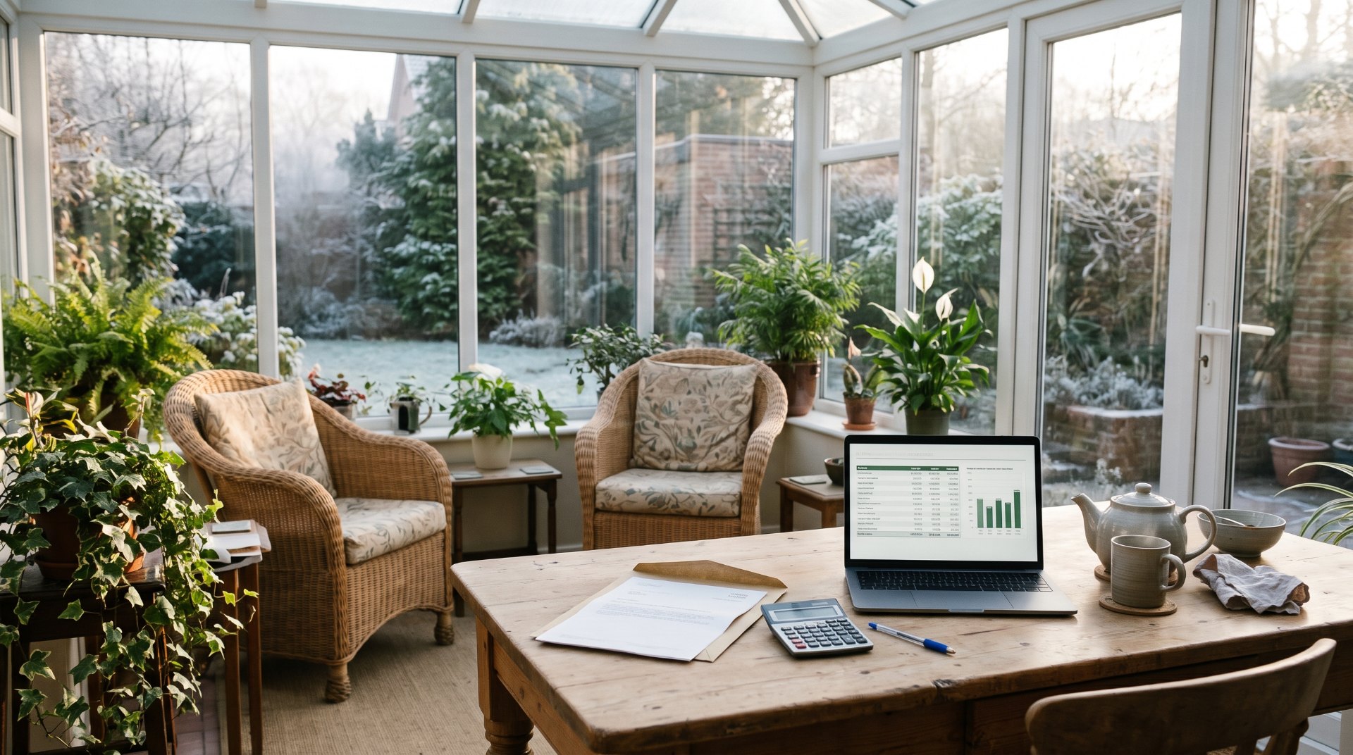 Box 3 en crypto: zonnige serre in de winter met een brief, rekenmachine en een laptop met een overzicht van jaarwaarden