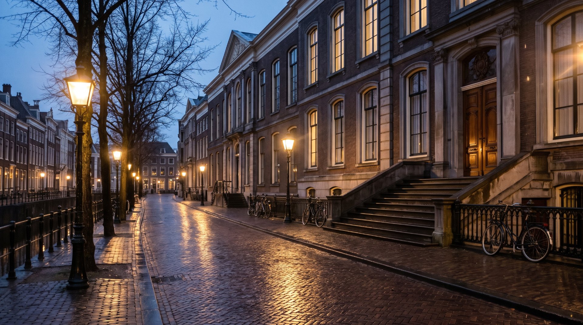 Instanties bij cryptofraude: stille straat in Den Haag bij het blauwe uur met statige gebouwen, natte keien en een stenen trap naar een houten voordeur