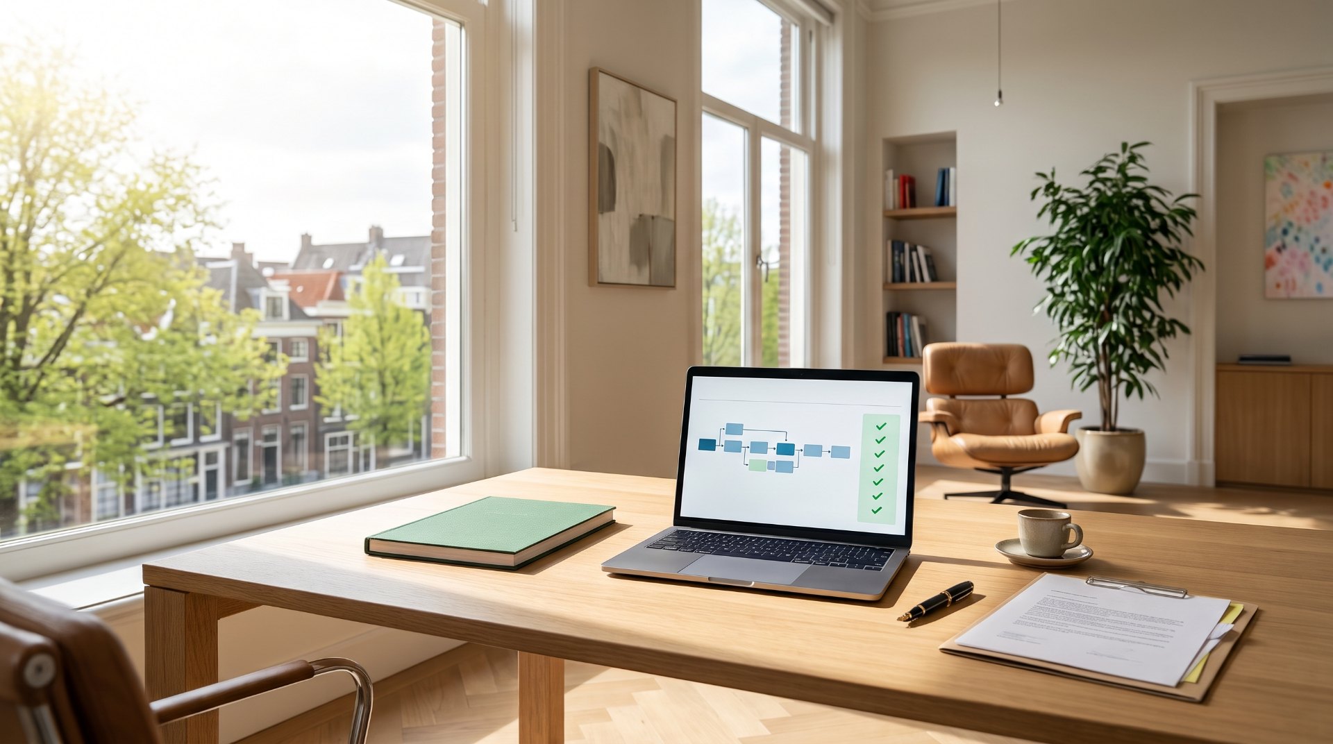 Crypto op de balans: licht kantoor van een ondernemer met uitzicht op het groen en een laptop met een geverifieerde tijdlijn van blokken en groene vinkjes