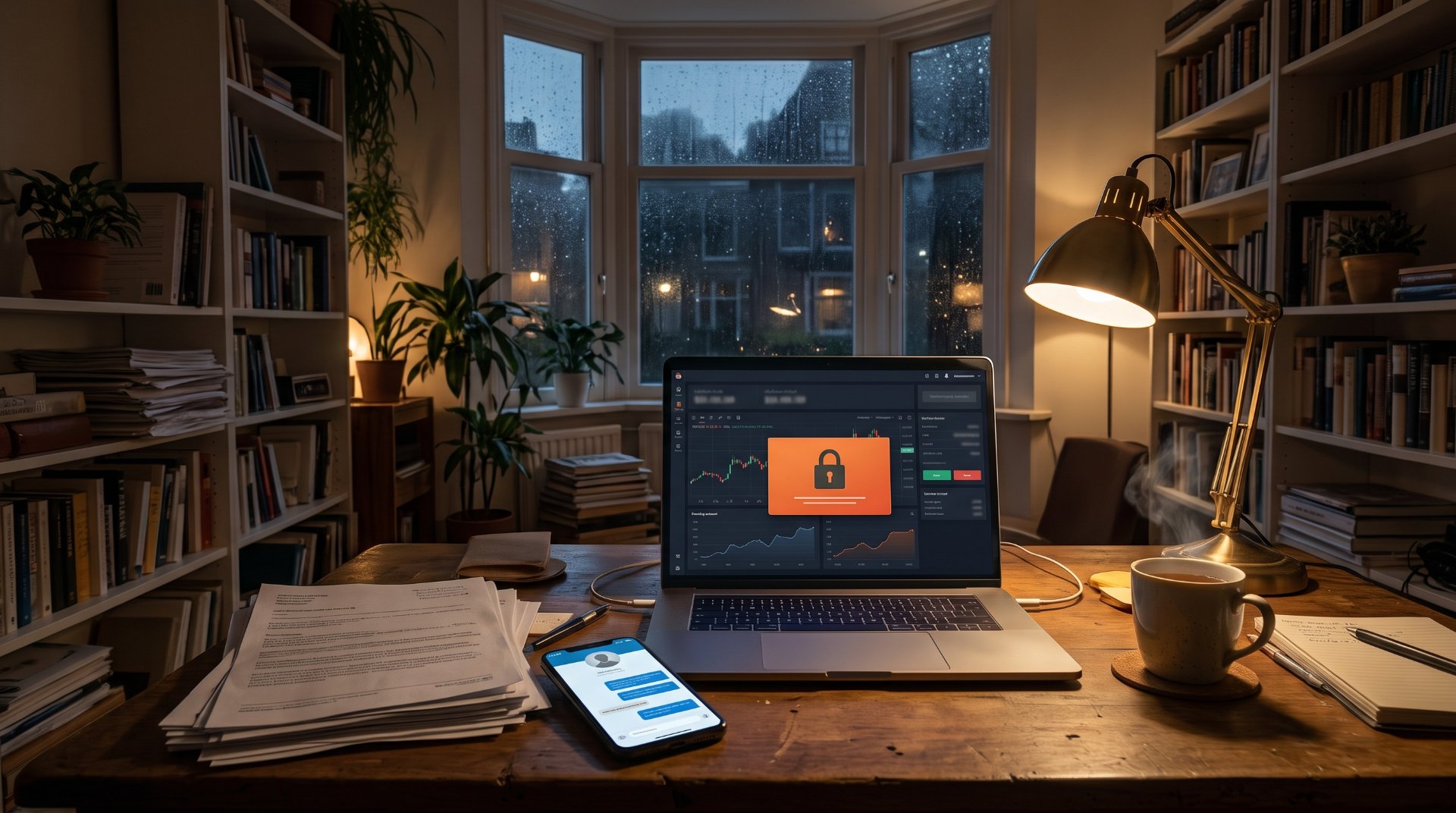 Exchange weigert uitbetaling: werkkamer op een regenachtige avond met een laptop waarop een uitbetaling is geblokkeerd met een oranje slot en onbeantwoorde chatberichten