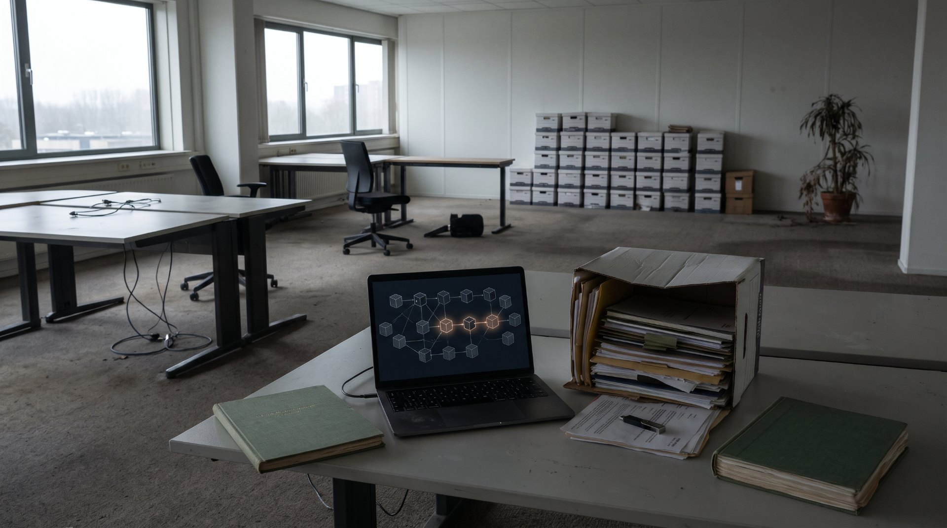 Crypto bij faillissement: leeggehaald kantoor van een failliet bedrijf met archiefdozen en een laptop met een verborgen spoor in een keten van blokken