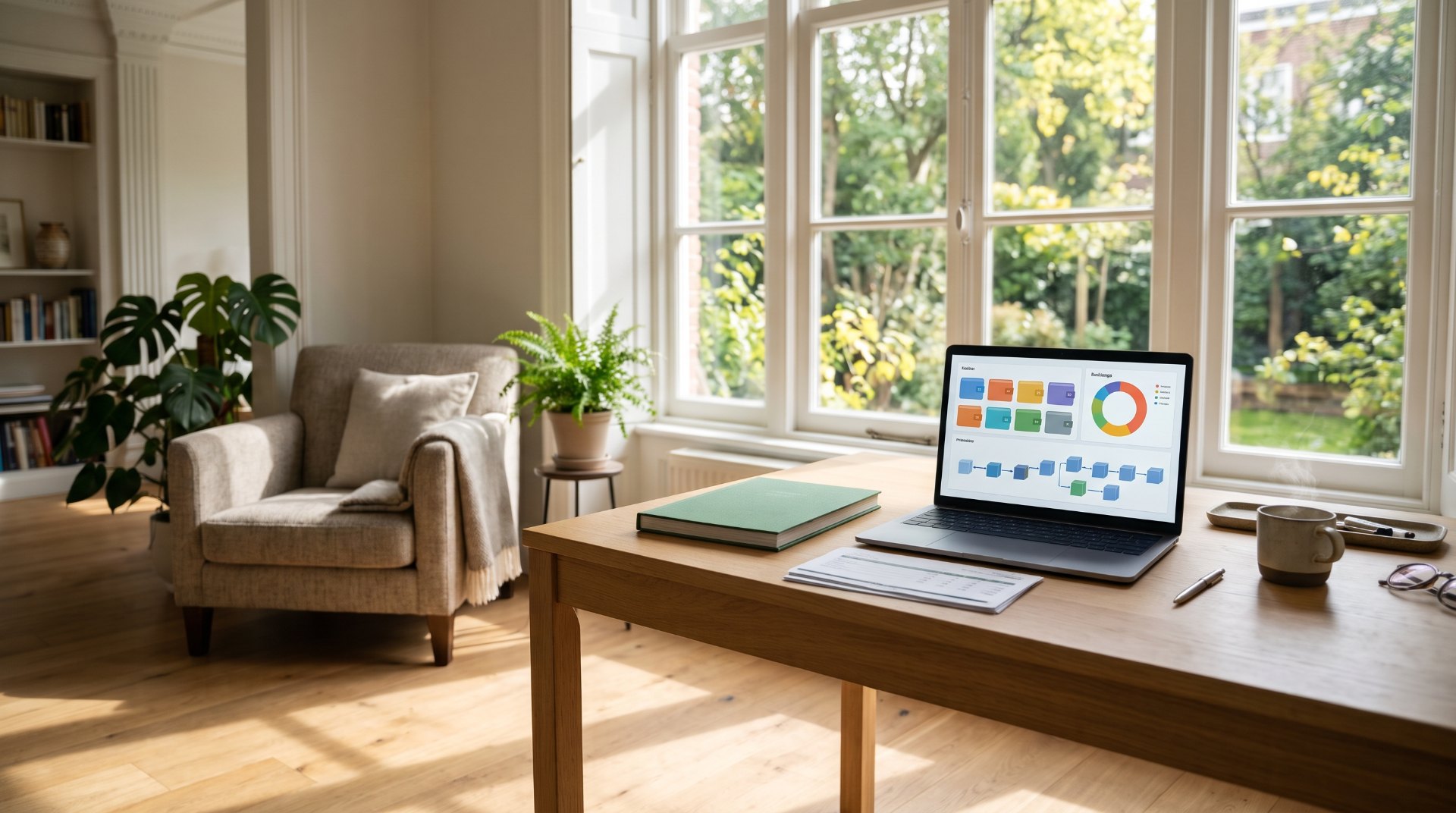 Cryptovermogen in kaart brengen: zonnige werkkamer met tuinzicht en een laptop met een overzichtelijk raster van wallets, een donutgrafiek en een tijdlijn