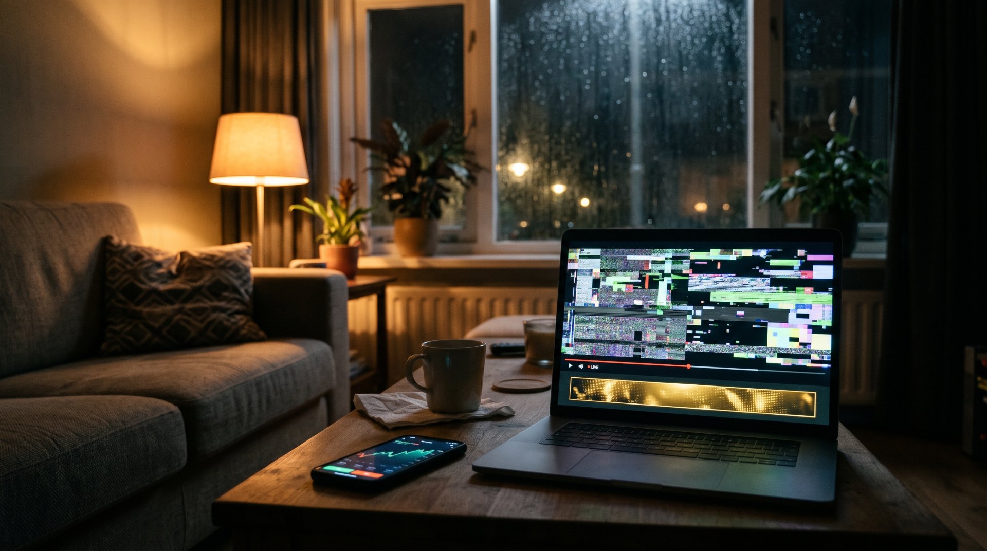 Deepfake crypto-oplichting: schemerige woonkamer bij nacht met een laptop die een haperende, vervormde video met een gouden beleggingsbanner afspeelt