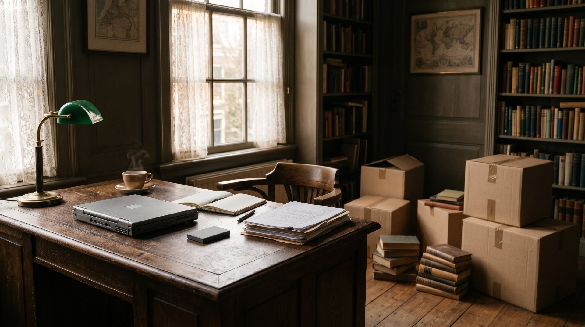Crypto in een nalatenschap: klassieke werkkamer met verhuisdozen, een oude laptop, een hardware wallet en een map met documenten op een eikenhouten bureau