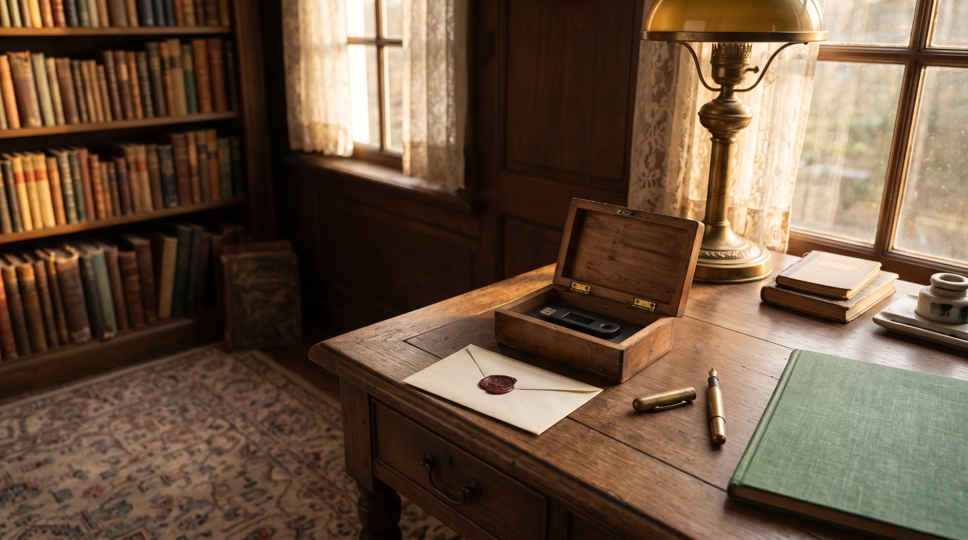 Crypto schenken: antiek schrijfbureau in een oud familiehuis met een houten kistje met een hardware wallet, een verzegelde envelop en een groen rapport