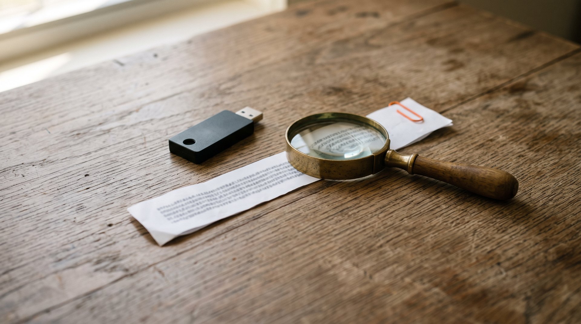 Address poisoning: een hardware wallet en een uitgeprint walletadres met een vergrootglas op een houten tafel