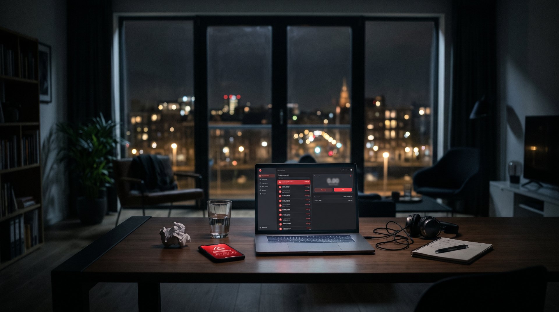 Gehackte wallet: donker appartement bij nacht met een laptop vol rode uitgaande transacties en een telefoon met een beveiligingswaarschuwing