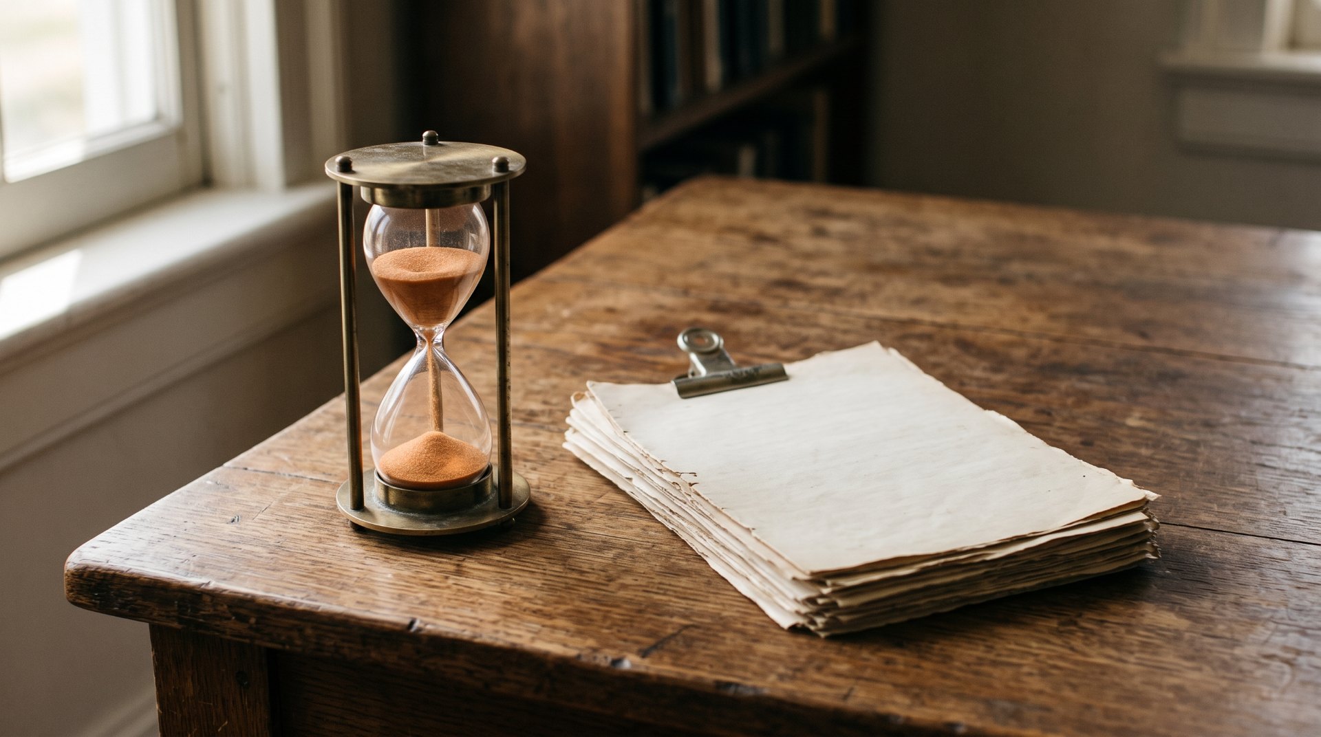 Crypto-rapport met spoed: zandloper naast een stapel documenten op een houten tafel