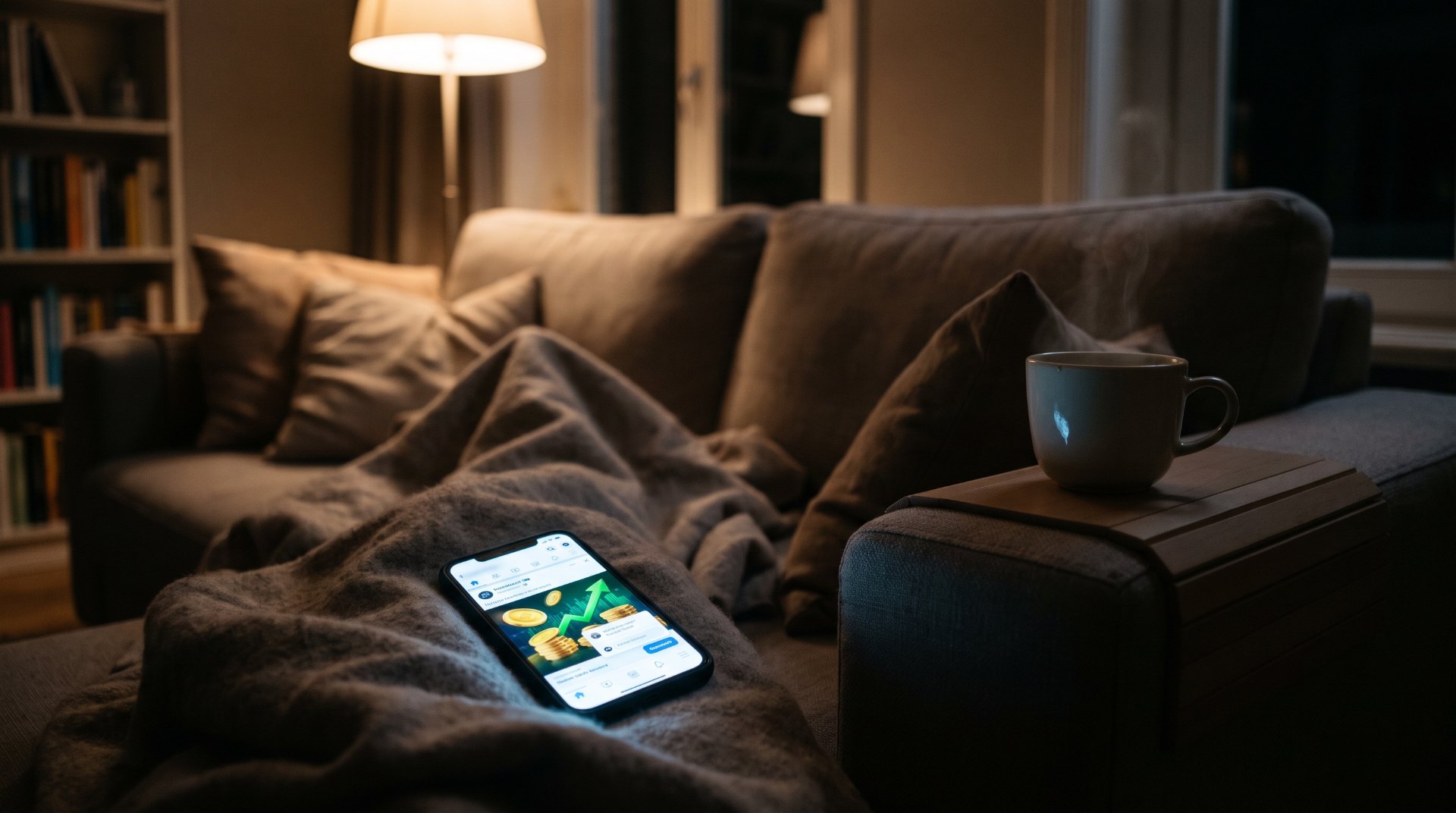 Crypto-oplichting via social media: telefoon op een deken in een schemerige woonkamer met een gesponsorde post vol gouden munten en een stijgende grafiek