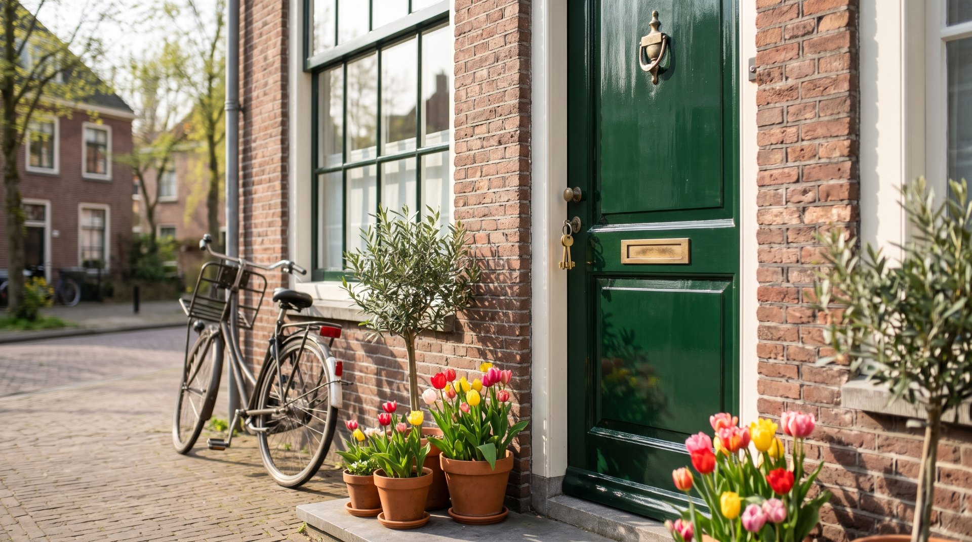 Hypotheek met crypto: groene voordeur van een Nederlands rijtjeshuis in de lente met nieuwe sleutels in het slot, tulpen en een fiets