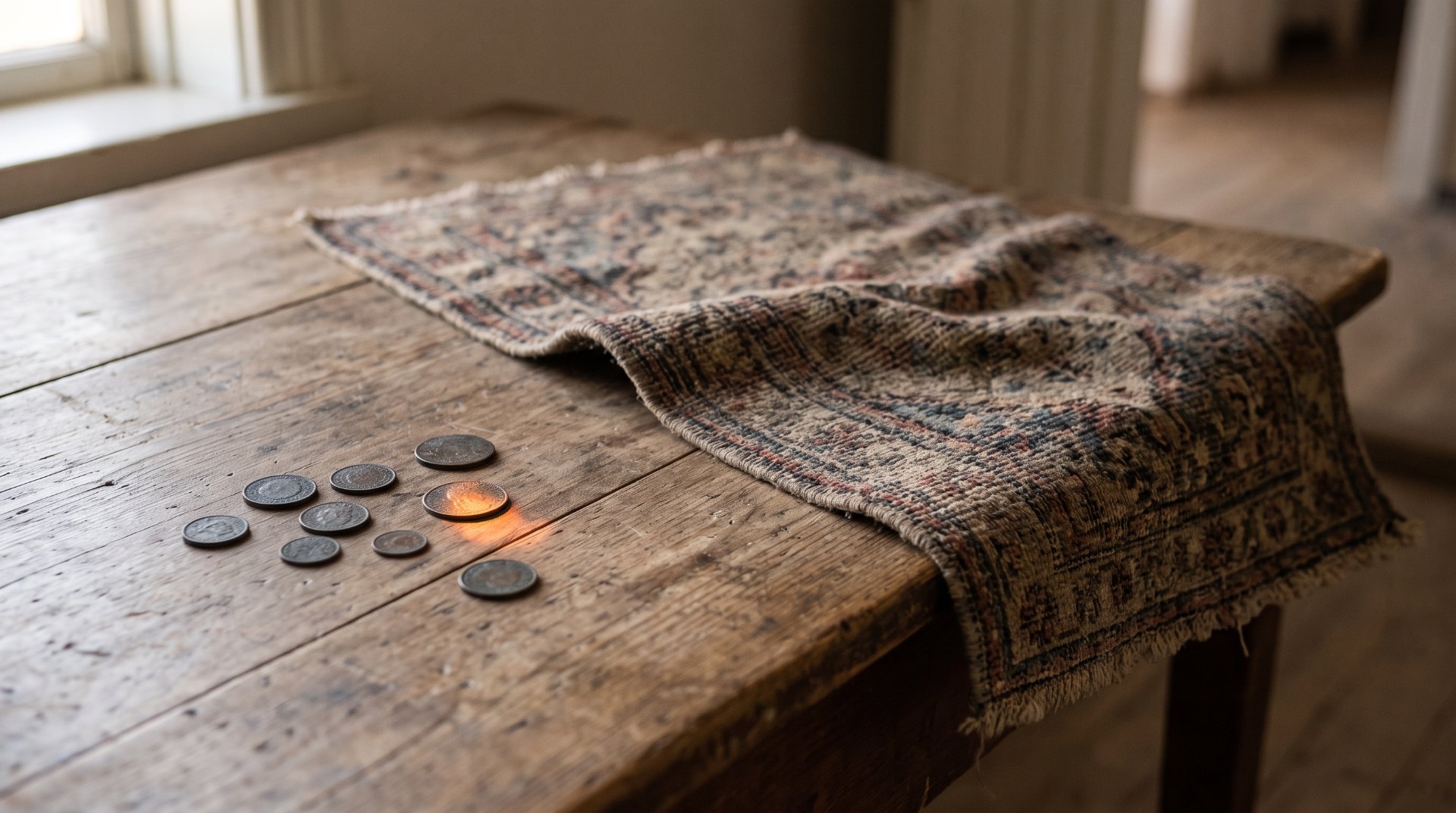 Rug pull: een half weggetrokken kleedje met achtergebleven munten op een houten tafel