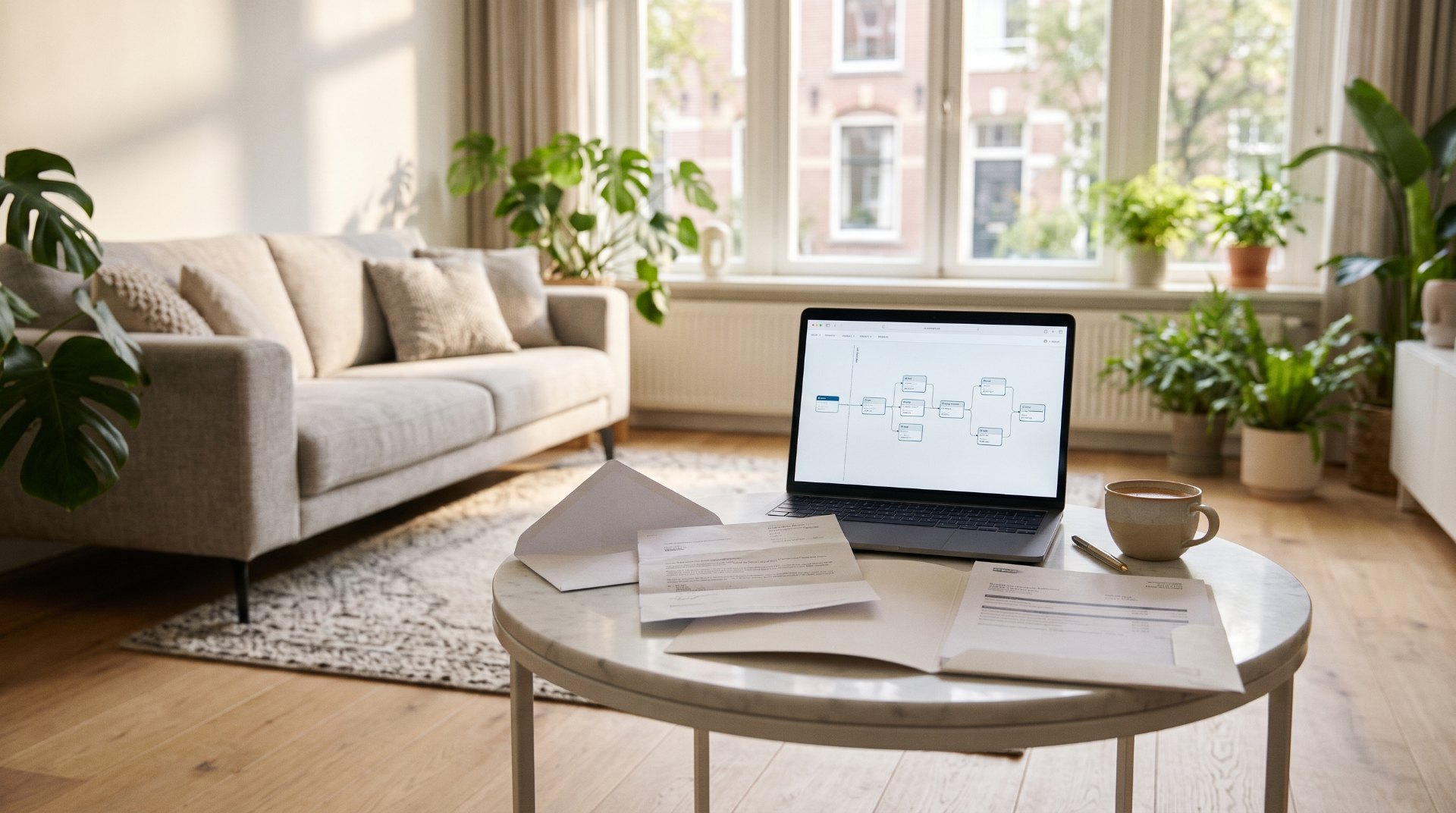 Bank vraagt naar herkomst van crypto: lichte woonkamer met een geopende brief, een laptop met een tijdlijn van transacties en een map met afschriften op een marmeren tafel