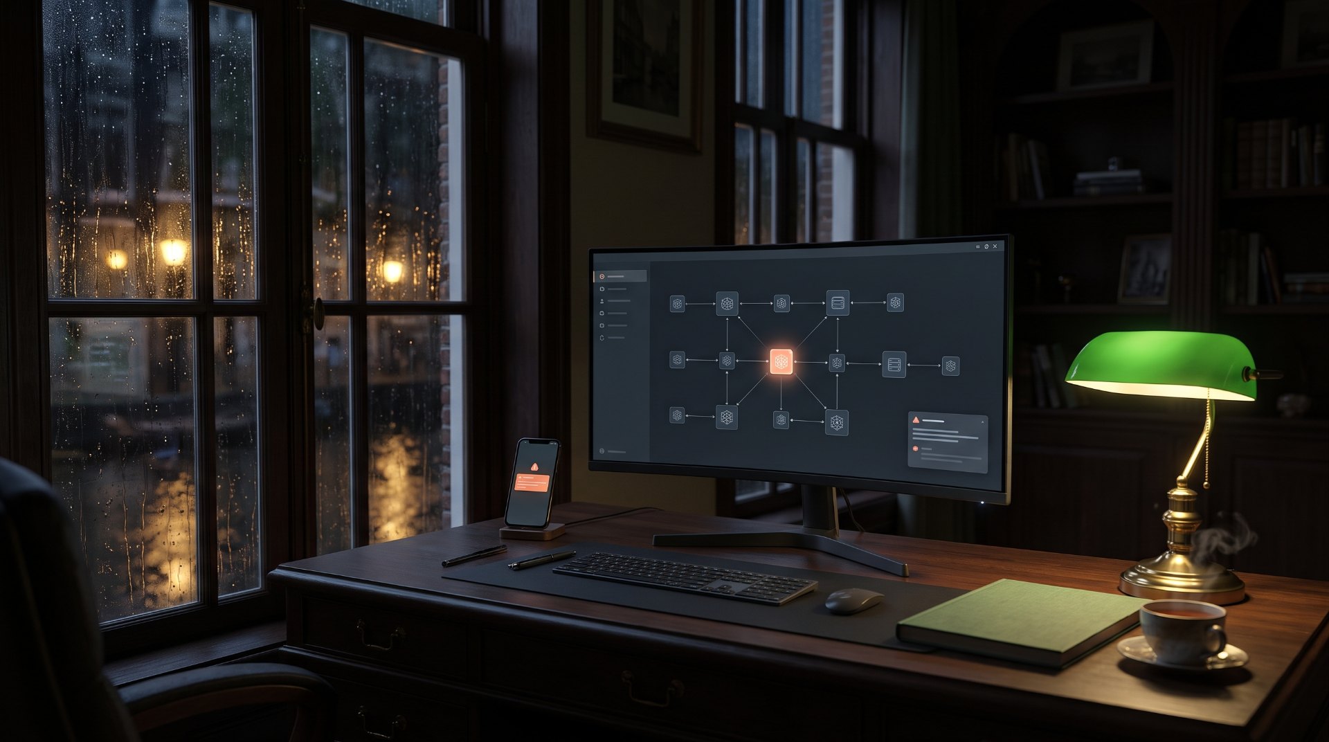 Adresmonitoring crypto: werkkamer in een grachtenpand bij nacht met een scherm waarop één adres in een keten van blokken oranje oplicht en een melding op de telefoon