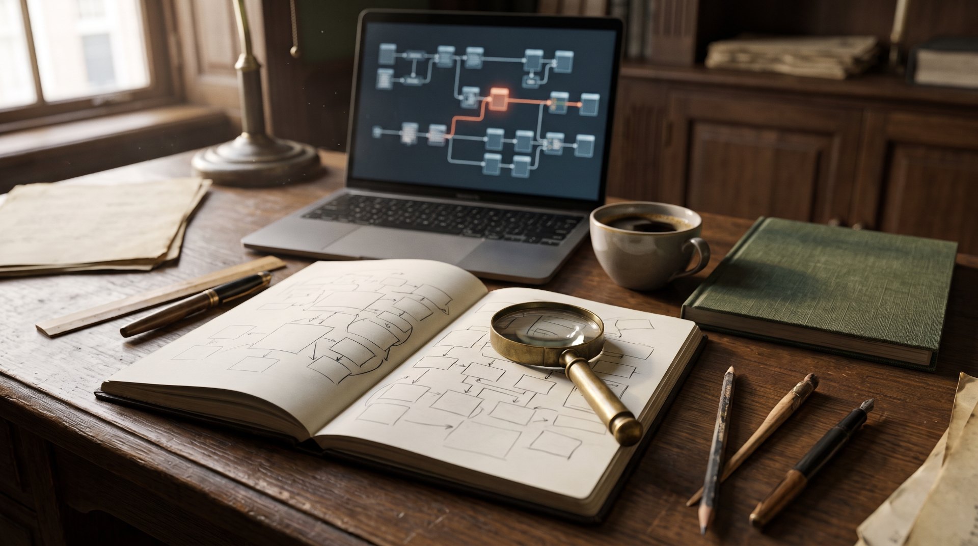 Handmatig blockchain-onderzoek: onderzoeksbureau met een notitieboek vol handgetekende schema’s, een vergrootglas en een laptop met een keten van blokken