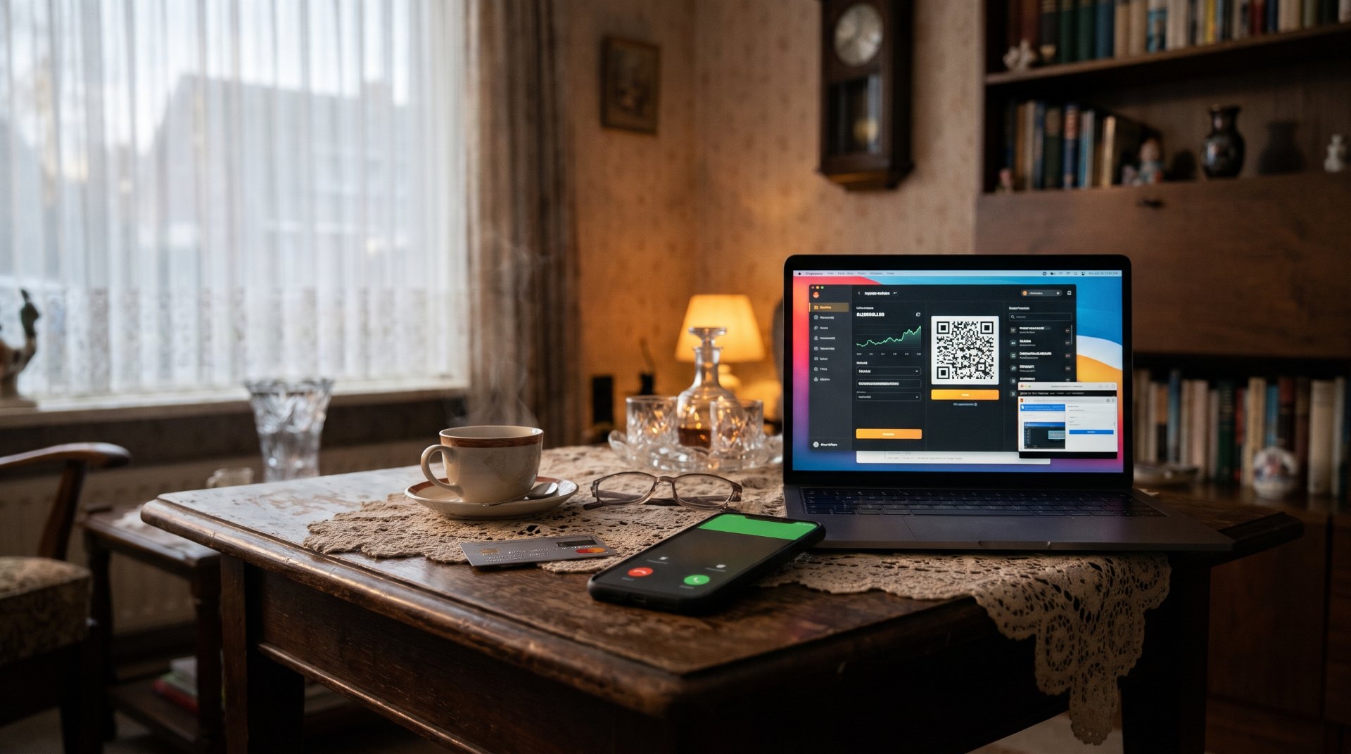 Bankhelpdeskfraude met crypto: telefoon in gesprek naast een laptop met een crypto-wallet en QR-code in een huiskamer