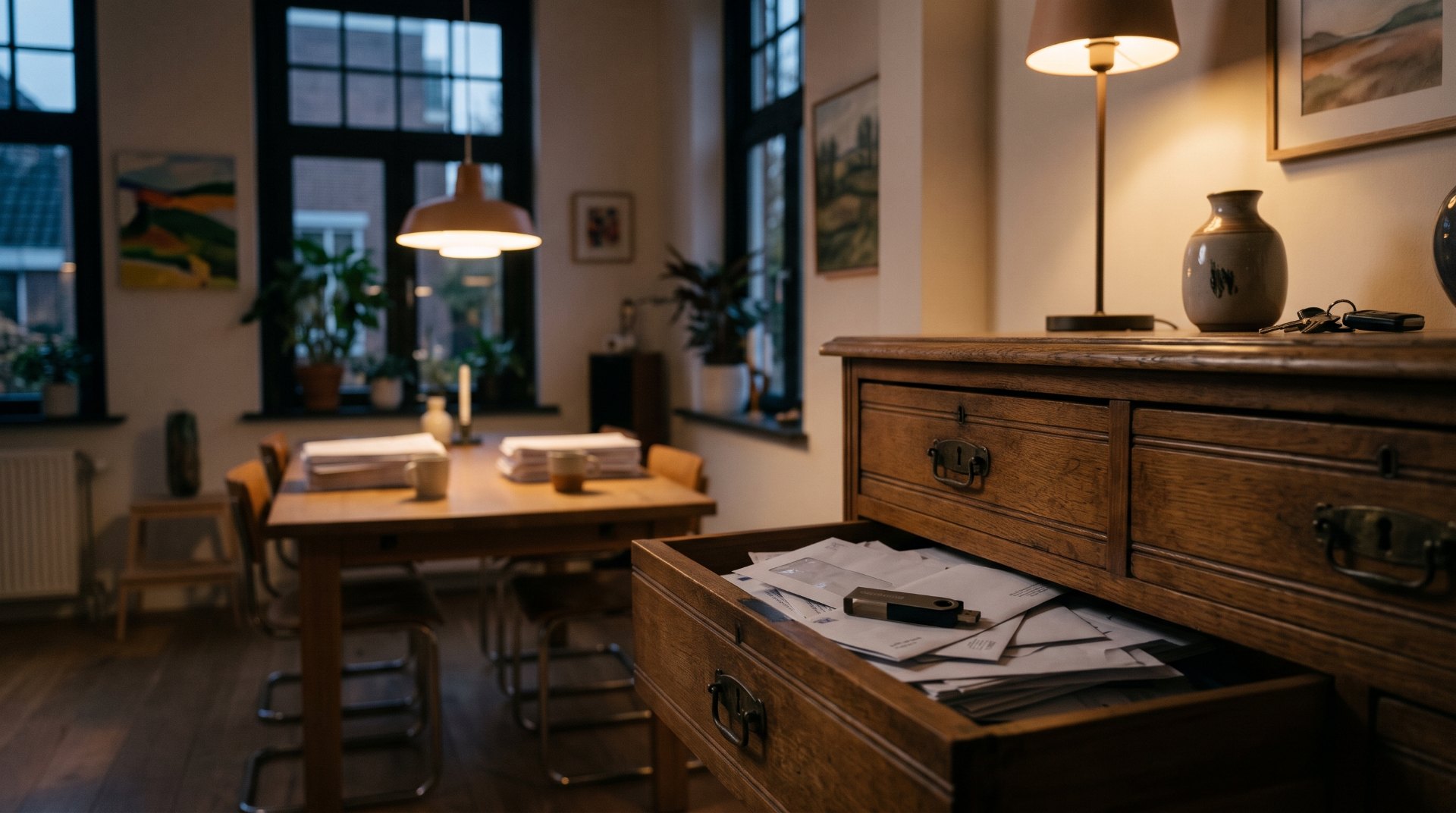 Verborgen crypto bij echtscheiding: half geopende ladekast in een gezinswoning met een hardware wallet verstopt onder enveloppen, op de achtergrond twee stapels documenten