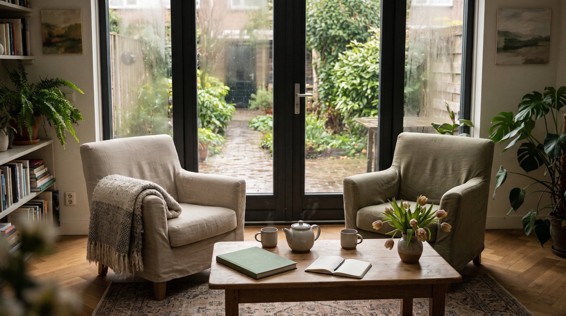Nazorg na cryptofraude: rustige tuinkamer met twee fauteuils, thee en een groen rapport op tafel na de regen