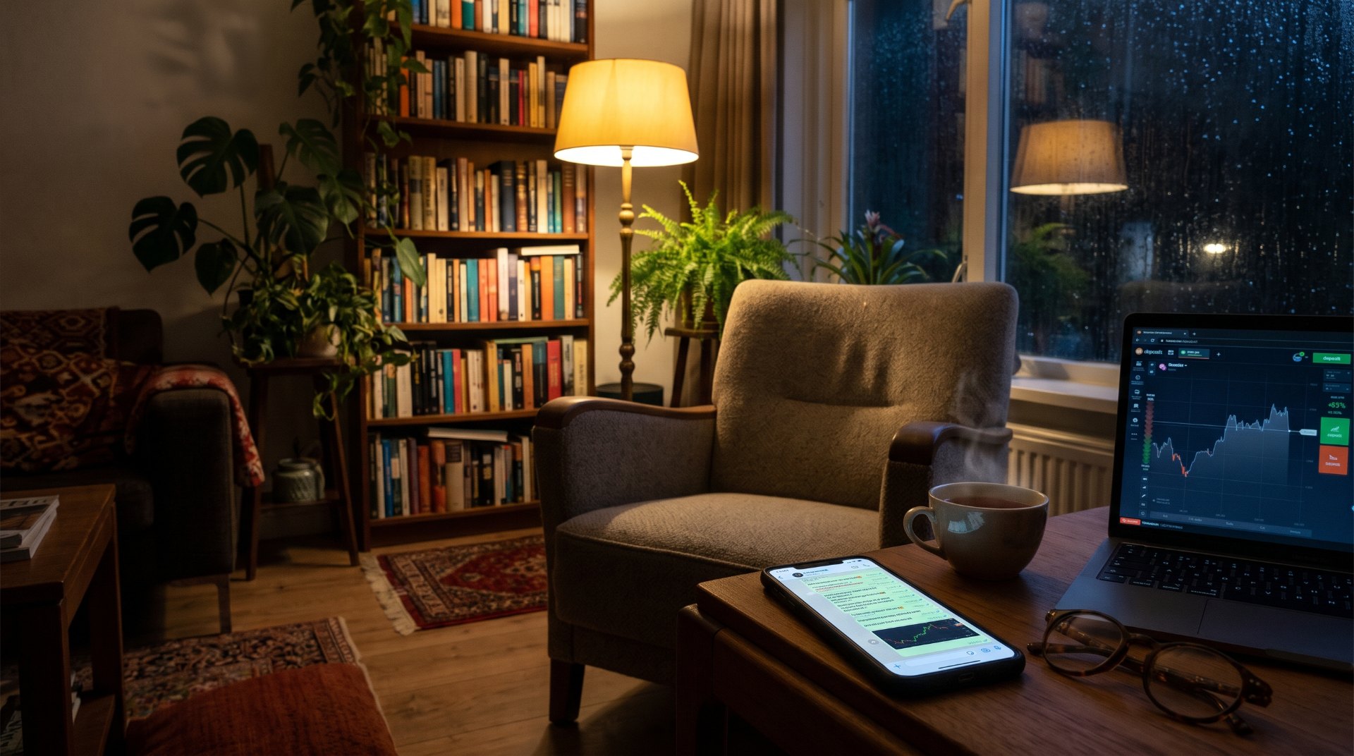 Beleggingsgroep op WhatsApp: woonkamer in de avond met een telefoon vol groepsberichten en beleggingsgrafieken naast een laptop met een handelsplatform