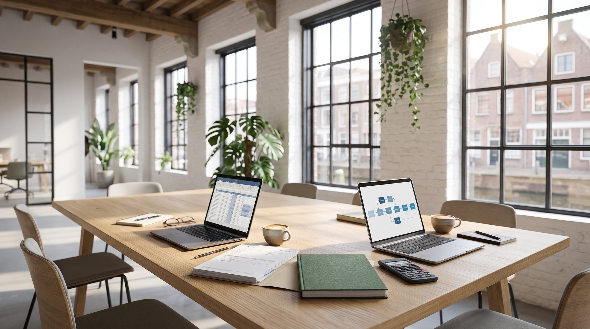 Accountant en crypto: licht accountantskantoor met twee laptops tegenover elkaar, een grootboek en een keten van blokken, met een groen rapport op tafel