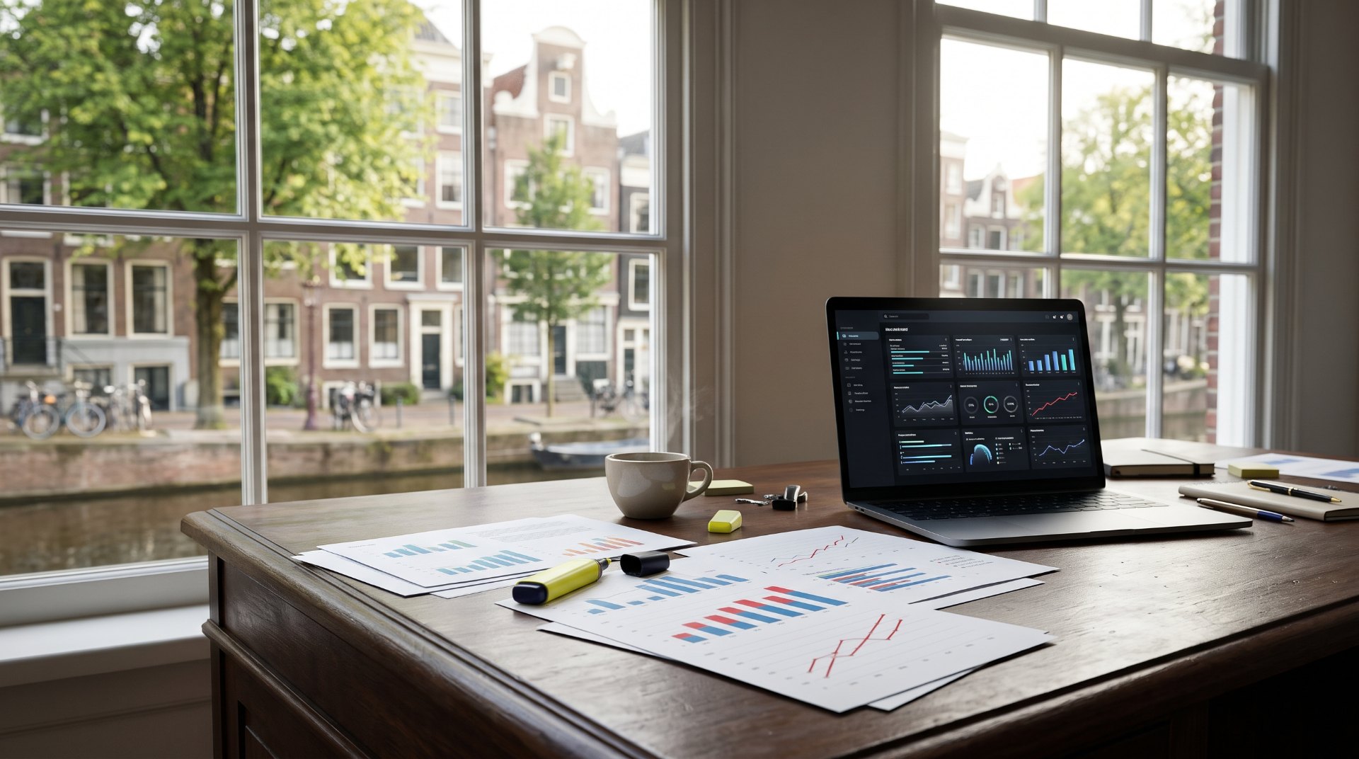 Betaalfraude en crypto: onderzoeksbureau aan de gracht met geprinte grafieken, een markeerstift en een laptop met een dashboard vol cijfers