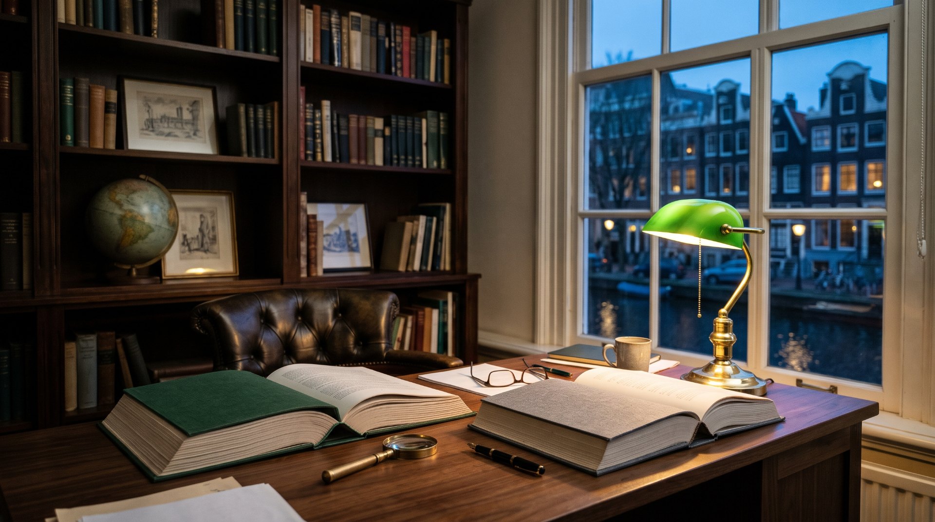 Second opinion op een crypto-rapport: twee geopende rapporten naast elkaar op een notenhouten bureau met vergrootglas en groene bureaulamp, in een grachtenpand bij avondlicht