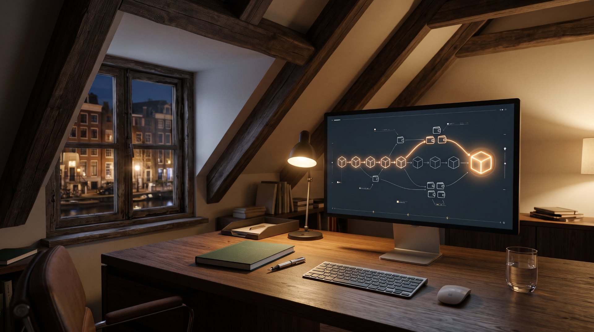 Gestolen crypto volgen: zolderkantoor in een grachtenpand bij nacht met een scherm waarop een oranje spoor van blokken eindigt bij één groot knooppunt