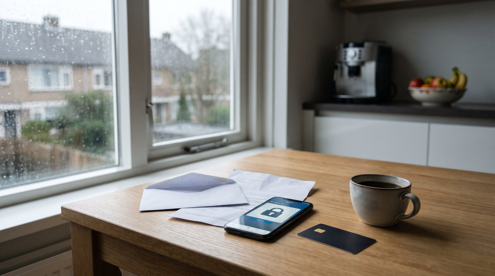 Rekening geblokkeerd om crypto: keukentafel op een regenachtige ochtend met een telefoon met een geblokkeerde bankrekening, een bankpas en een geopende brief