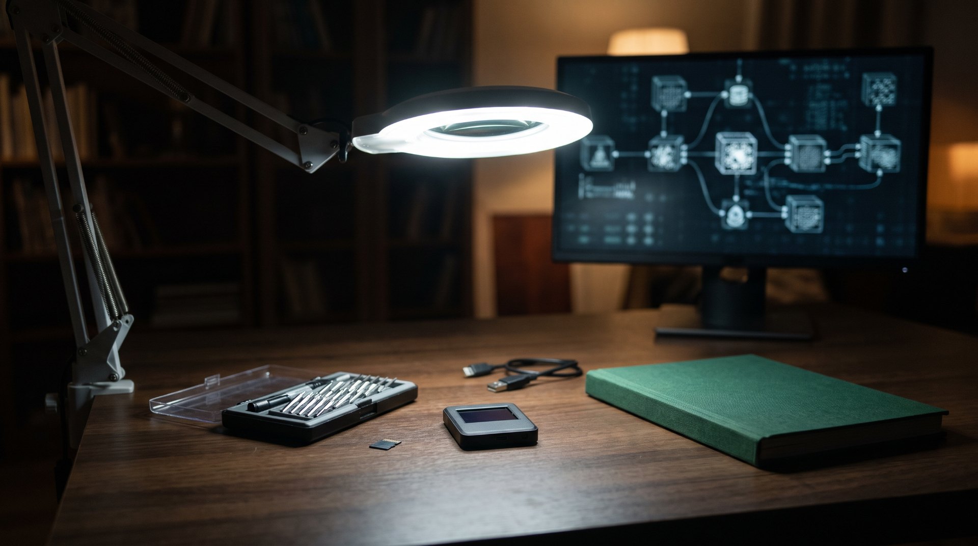 Coldcard hack: hardware wallet onder een loeplamp op een onderzoeksbureau met precisieschroevendraaiers en een scherm met een keten van blokken